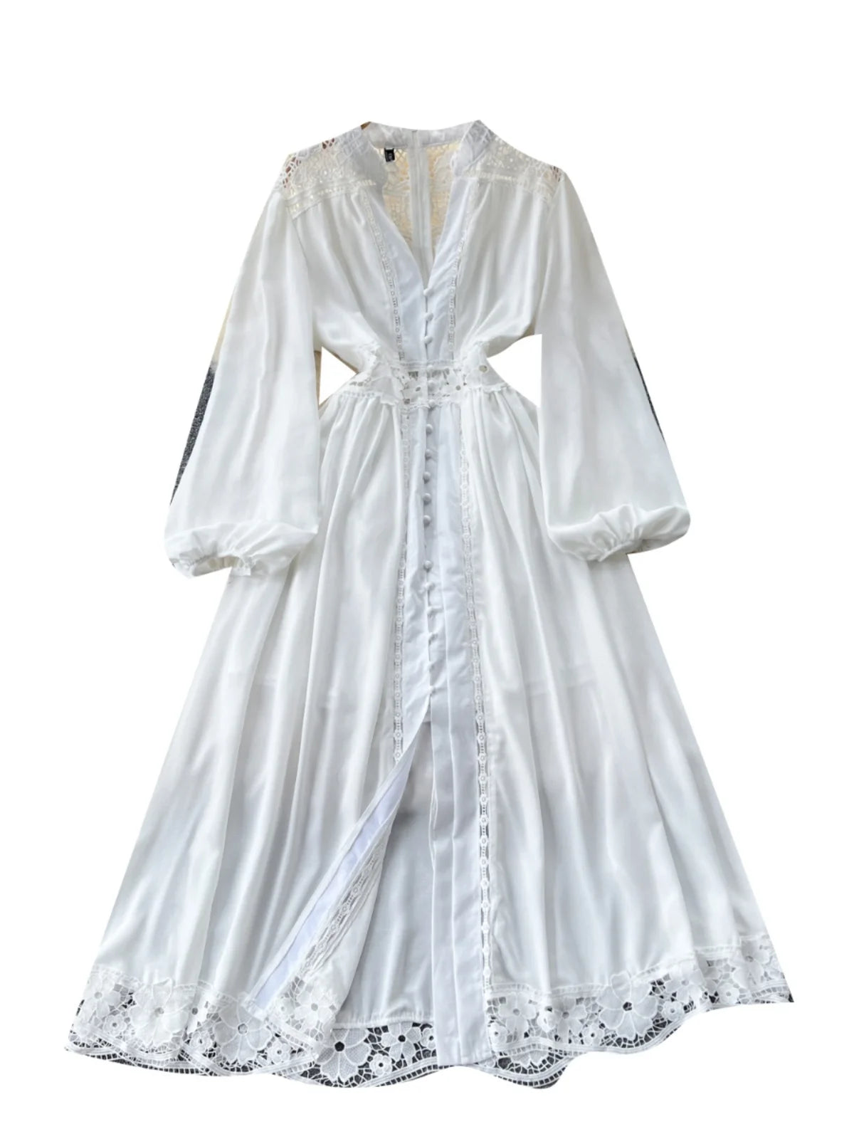 Vintage Women White Patchwork Lace Elegant High Waist Dresses Autumn Round Neck Long Sleeve Single Breasted Evening Party Dress