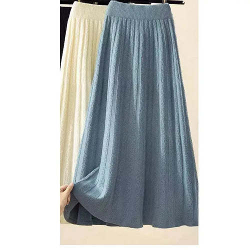 Load image into Gallery viewer, Autumn Winter New Elegant Slim Elastic High Waist A-line Skirt Solid Holiday Striped Big Swing Knitted Skirts Women Popular
