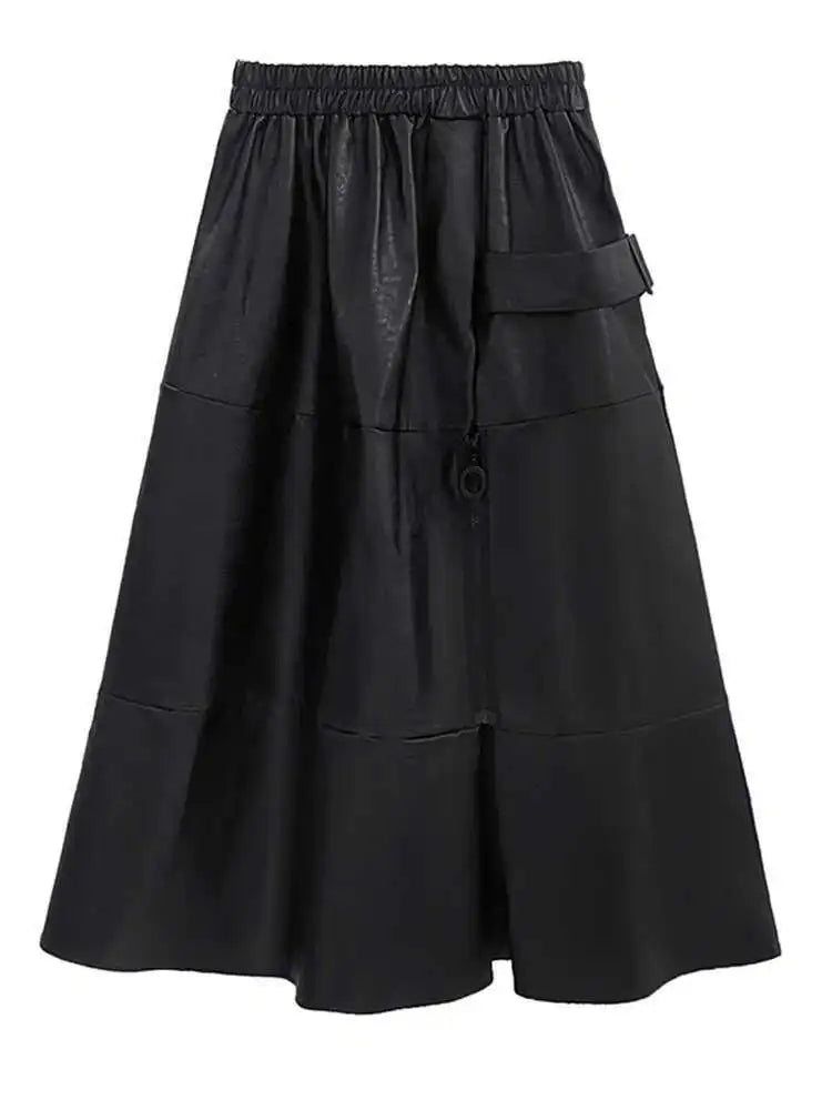 High Elastic Waist Black Pu Leather Zipper Long A-line Half-body Skirt Women Fashion Tide New Spring Autumn 2025 1DH4646