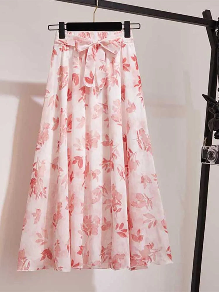 Long Skirt Women For 2024 Spring Summer Lady Korean Style White Black Chiffon Sun School High Waist Midi Skirt Female