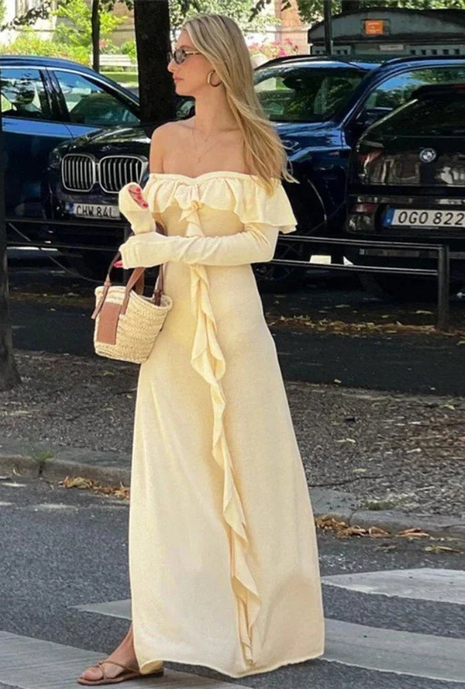 Ruffled Off Shoulder Maxi Dress Long Sleeve Women Clothing 2023 New Arrivals Fall Winter Flowy Elegant Dress C83-EZ51