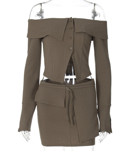 Fashion 2 Pcs Sets Slash Neck Long Sleeve Buttons Sexy Crop Top Belt Skirt Women Casual Y2K Outfits Streetwear Festival