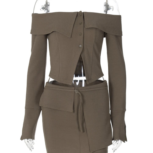 Load image into Gallery viewer, Fashion 2 Pcs Sets Slash Neck Long Sleeve Buttons Sexy Crop Top Belt Skirt Women Casual Y2K Outfits Streetwear Festival
