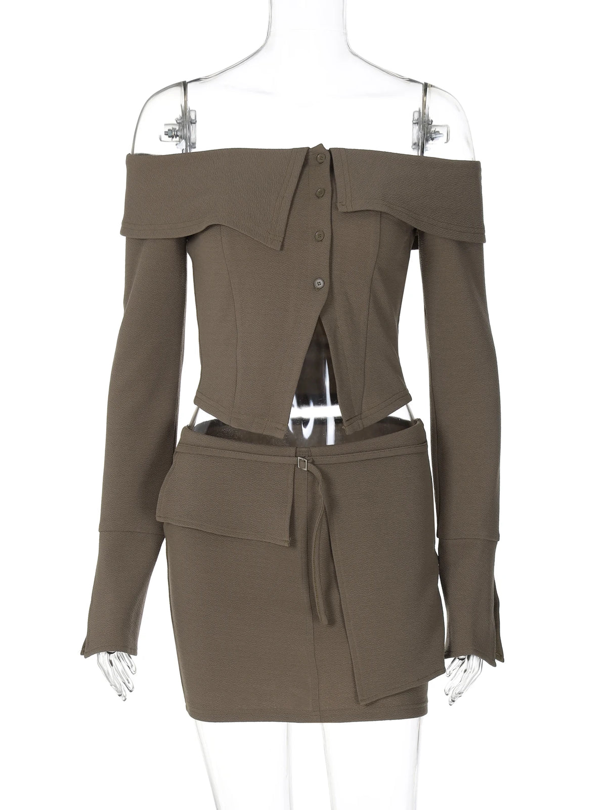 Fashion 2 Pcs Sets Slash Neck Long Sleeve Buttons Sexy Crop Top Belt Skirt Women Casual Y2K Outfits Streetwear Festival