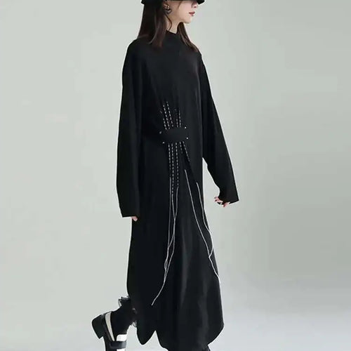 Load image into Gallery viewer, Women Black Topstitched Long Big Size Dress New Turtleneck Long Sleeve Loose Fit Fashion Tide Spring Autumn 2025 1DF3239
