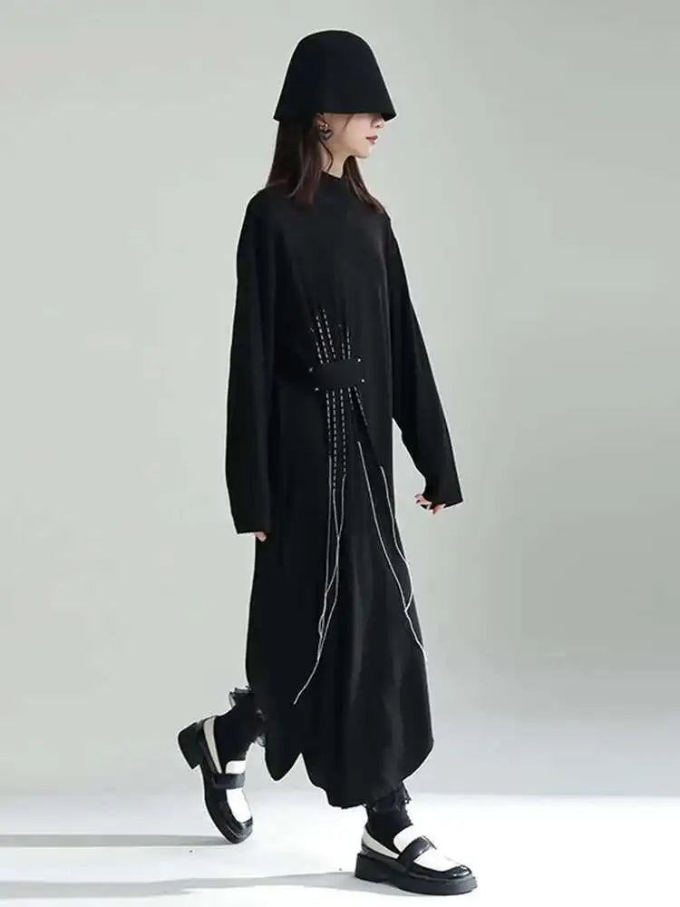 Women Black Topstitched Long Big Size Dress New Turtleneck Long Sleeve Loose Fit Fashion Tide Spring Autumn 2025 1DF3239