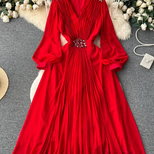 Load image into Gallery viewer, French Women Solid V Neck Diamond Elegant High Waist Pleated Dresses Autumn Winter Slim Long Sleeve Holiday Dress Ladies Popular
