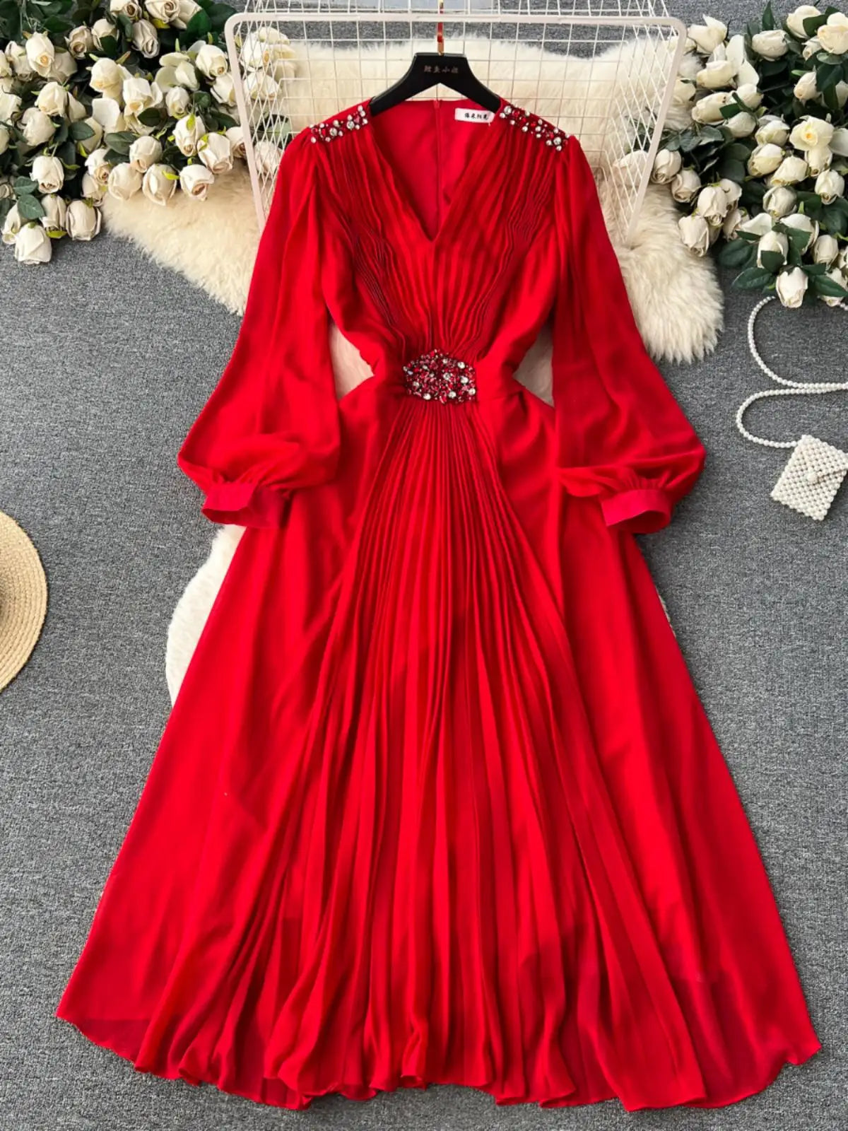 French Women Solid V Neck Diamond Elegant High Waist Pleated Dresses Autumn Winter Slim Long Sleeve Holiday Dress Ladies Popular