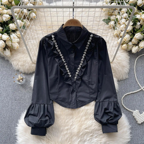 Load image into Gallery viewer, French Vintage Solid Elegant Long Sleeve Ruffle Tops Autumn Female Turn-down Collar Shirt Women Button Versatile Pleated Blouse
