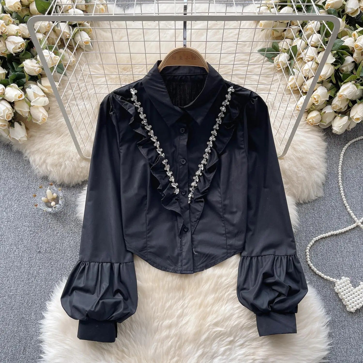 French Vintage Solid Elegant Long Sleeve Ruffle Tops Autumn Female Turn-down Collar Shirt Women Button Versatile Pleated Blouse