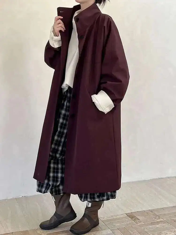Women Navy Blue Big Size Long Elegant Trench New Stand Collar Long Sleeve Windbreaker Fashion Spring Autumn 2025  1DH6843
