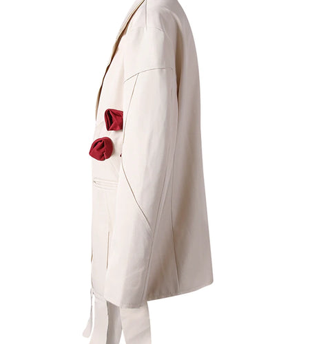 Women Beige Flower Ribbon Big Size Vintage Blazer New Lapel Long Sleeve Jacket Fashion Tide Spring Autumn 2025  CPG2872