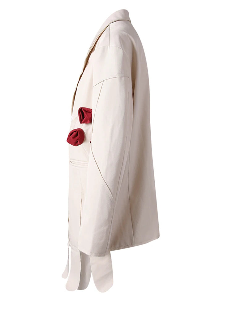 Women Beige Flower Ribbon Big Size Vintage Blazer New Lapel Long Sleeve Jacket Fashion Tide Spring Autumn 2025  CPG2872