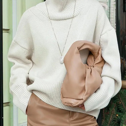 Load image into Gallery viewer, Solid Casual Sweaters For Women Turtleneck Long Sleeve Loose Chic Minimalist Sweater Female Fashion Clothing
