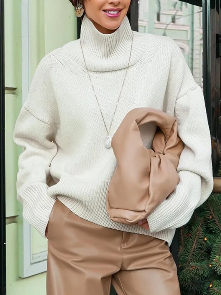 Solid Casual Sweaters For Women Turtleneck Long Sleeve Loose Chic Minimalist Sweater Female Fashion Clothing