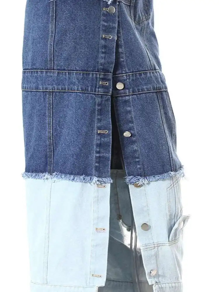High Waist Blue Denim Fold Color-block Burr Casual Half-body Skirt Women Fashion Tide New Spring Autumn 2025 7AB6481