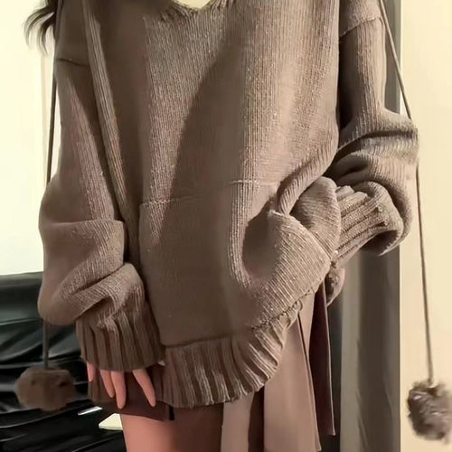 Load image into Gallery viewer, Y2k Aesthetic Autumn V Neck Woman Sweaters Harajuku Loose Grunge Cardigan Mujer Ball Drawstring Pocekt Patchwork Solid Pullovers
