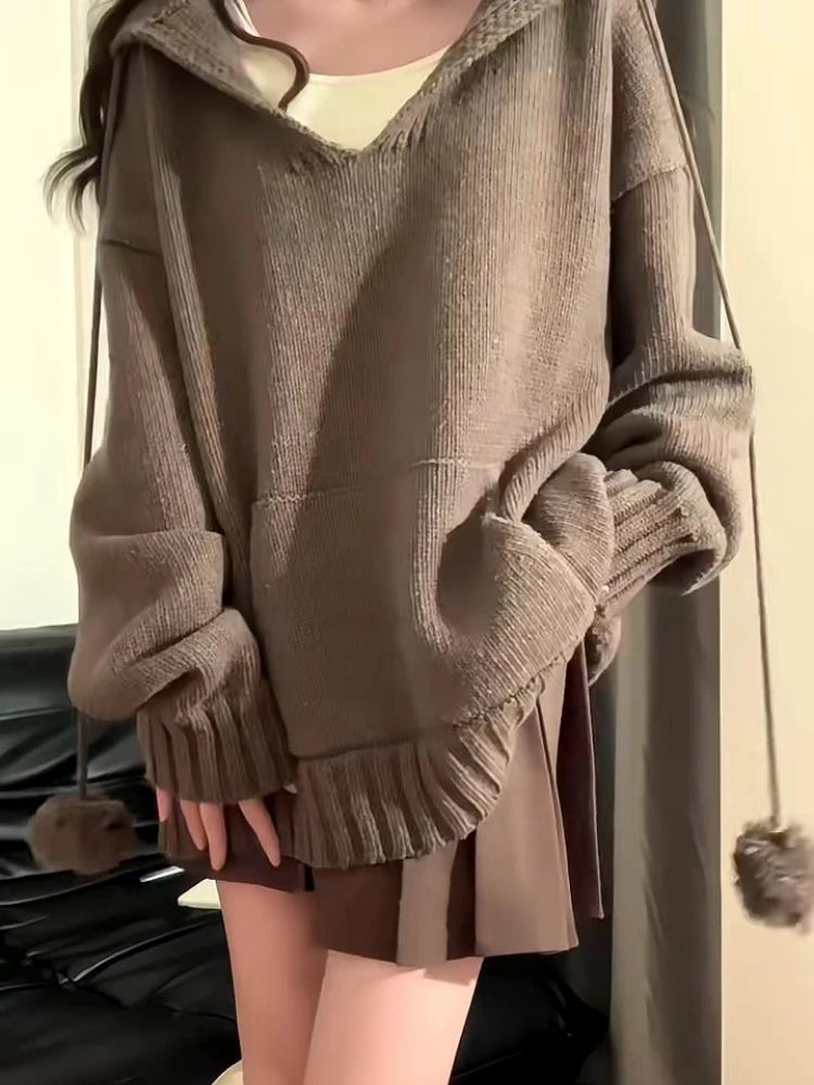 Y2k Aesthetic Autumn V Neck Woman Sweaters Harajuku Loose Grunge Cardigan Mujer Ball Drawstring Pocekt Patchwork Solid Pullovers