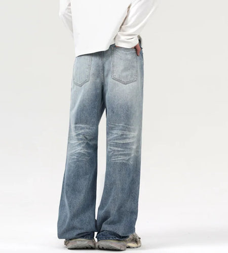 Men's Jeans Washed Denim Pants New American High Street Messy Cat Whiskers Stylish Baggystraight Style Trousers 9W1550