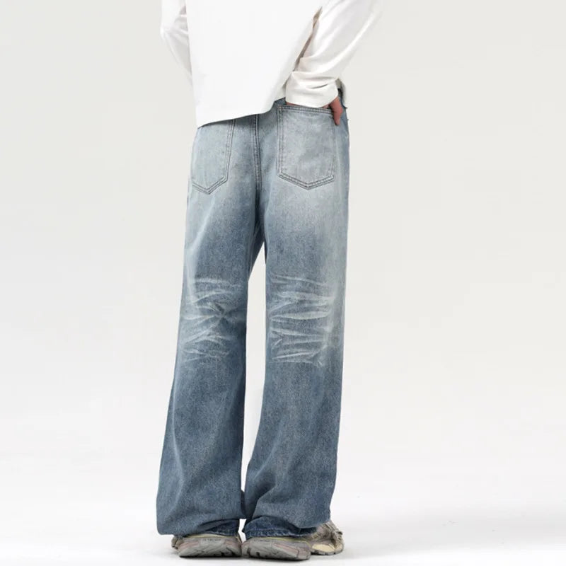 Men's Jeans Washed Denim Pants New American High Street Messy Cat Whiskers Stylish Baggystraight Style Trousers 9W1550