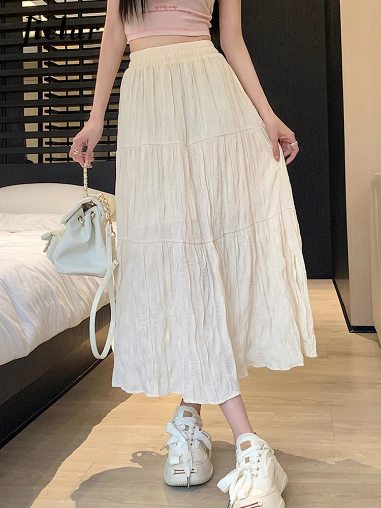 Summer Elastic Waist Pleated Women's Skirts Solid Color A-line Casual Female Skirts Korean Style Simple Streetwear