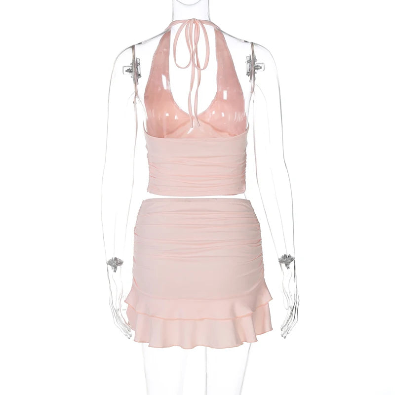 Sexy Solid Skirt Two Pieces Sets For Women Deep V-neck Neck-mounted Vest Tops And Short Skirt Sexy Two Pieces Sets