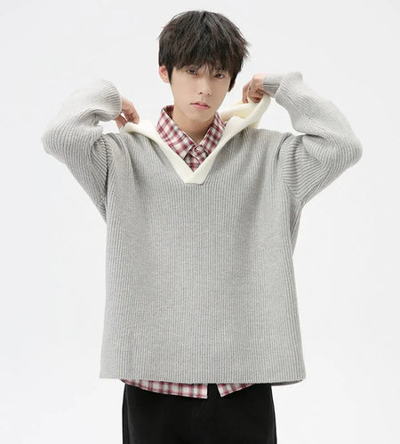 Korean Style Men's Sweaters Loose Hooded Contrast Color Knitted Casual Pullover Tops Autumn Clothing Stylish 9C7032