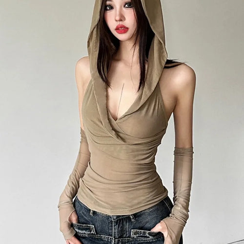 Load image into Gallery viewer, Y2k Aesthetic Sexy Streetwear Mesh Hooded Top Streetwear Sleeveless Bandage T-shirt Women Harajuku Solid Fairy Grunge Tee Shirts
