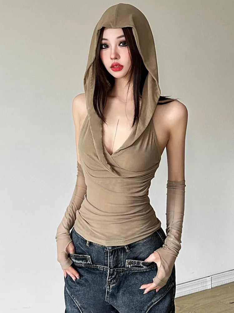 Y2k Aesthetic Sexy Streetwear Mesh Hooded Top Streetwear Sleeveless Bandage T-shirt Women Harajuku Solid Fairy Grunge Tee Shirts