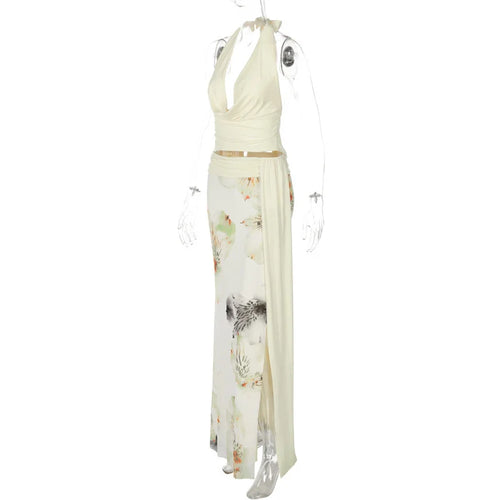 Load image into Gallery viewer, Mesh Print Skirt Two Piece Sets Women Halter Backless Tank Tops And Maxi Skirt Female Slim Summer Split Dress Sets
