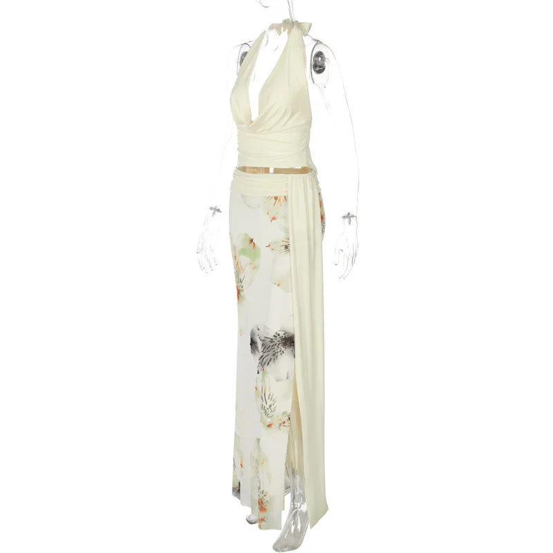 Mesh Print Skirt Two Piece Sets Women Halter Backless Tank Tops And Maxi Skirt Female Slim Summer Split Dress Sets