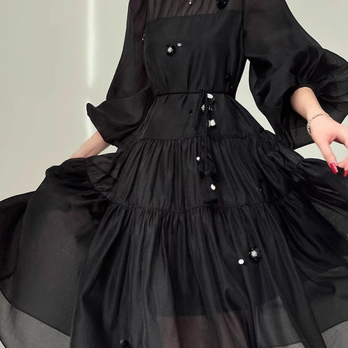 Load image into Gallery viewer, Solid Spliced Sequines Loose Dresses For Women O Neck Long Sleeve High Waist Temperament Dress Female Fashion New
