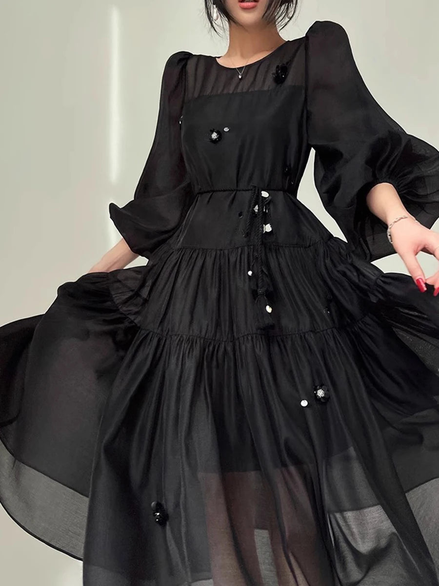 Solid Spliced Sequines Loose Dresses For Women O Neck Long Sleeve High Waist Temperament Dress Female Fashion New