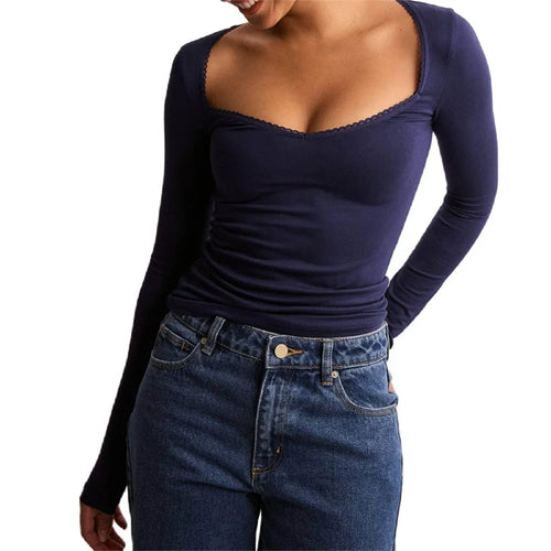 Load image into Gallery viewer, y2k Lace Trim Tops Women Fairycore Clothing Solid Color V Neck Long Sleeve T Shirts 2000s Fall Clothes Streetwear
