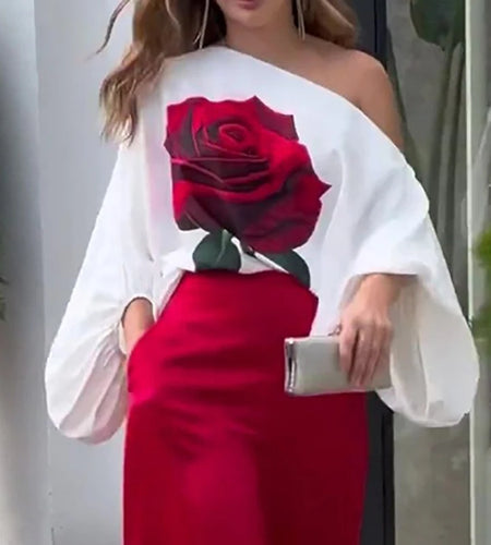 Summer Rose Flower Print Blouses Tops for Women Long Sleeves Asymmetric One-Shoulder Woman Loose Tee Shirts