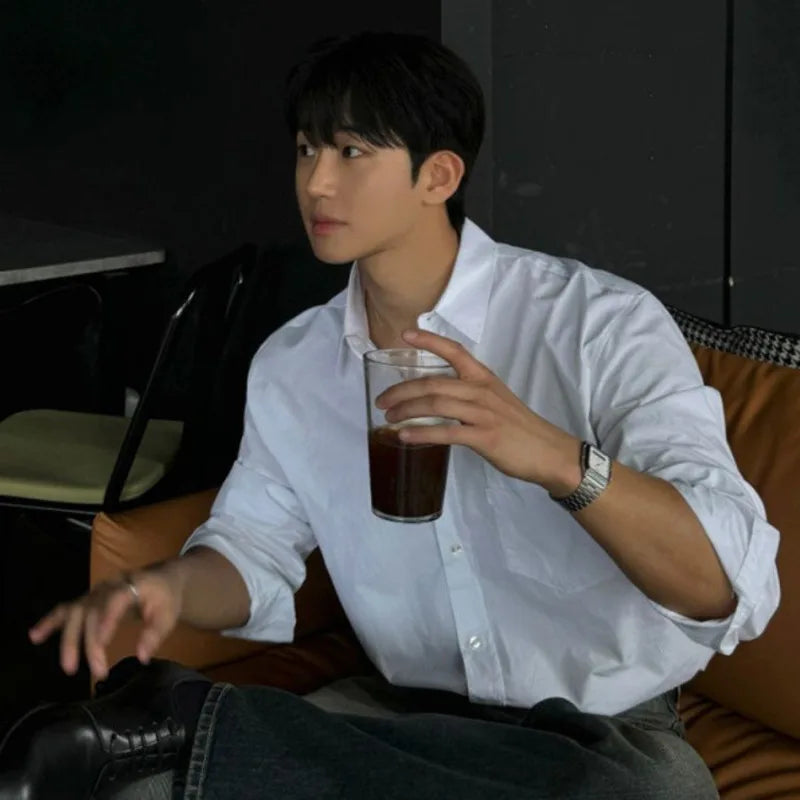 Male Simple Long Sleeve Shirt New Spring Loose Solid Color Shirts New Korean Single Breasted Trendy Men's Top 9W1451