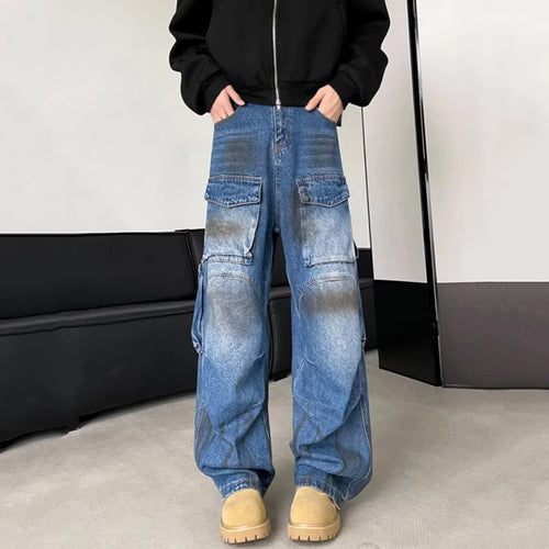 Load image into Gallery viewer, Multi Pocket Design Men Cargo Jeans Winte Splotch Pleated Streetwear Straight Denim Pants Wide Leg Trousers Stylish 9C9270
