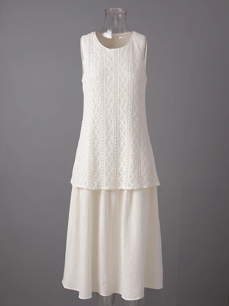 Women Beige Knitting Spliced Elegant Midi Vest Dress New Round Neck Sleeveless Fashion Tide Spring Summer 2025 CPG3068