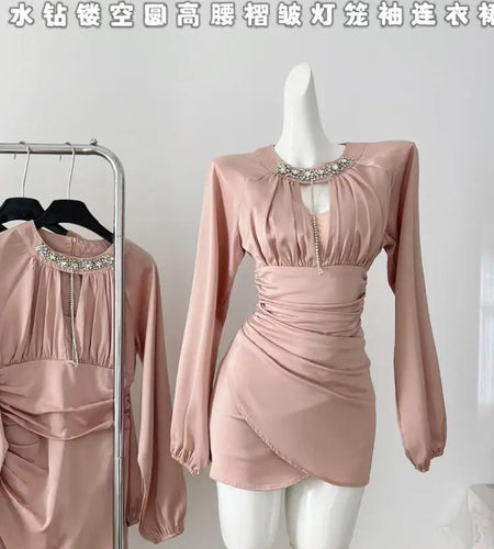 Autumn Women Pink Diamond Round Neck Hollow Out Party Mini Dress French New High Waist Sexy Elegant Wrap Hip Pleated Short Dress