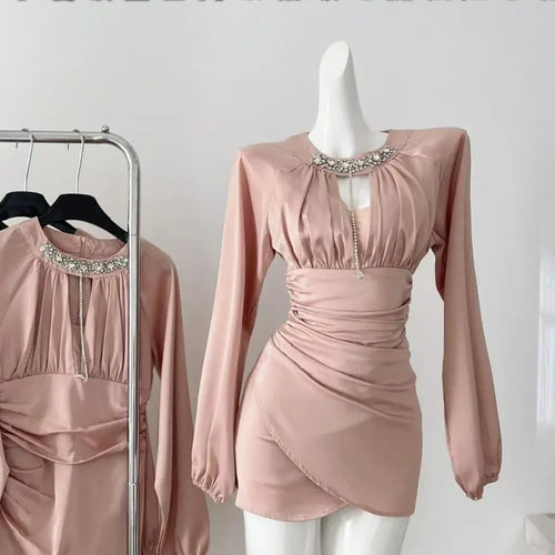 Load image into Gallery viewer, Autumn Women Pink Diamond Round Neck Hollow Out Party Mini Dress French New High Waist Sexy Elegant Wrap Hip Pleated Short Dress
