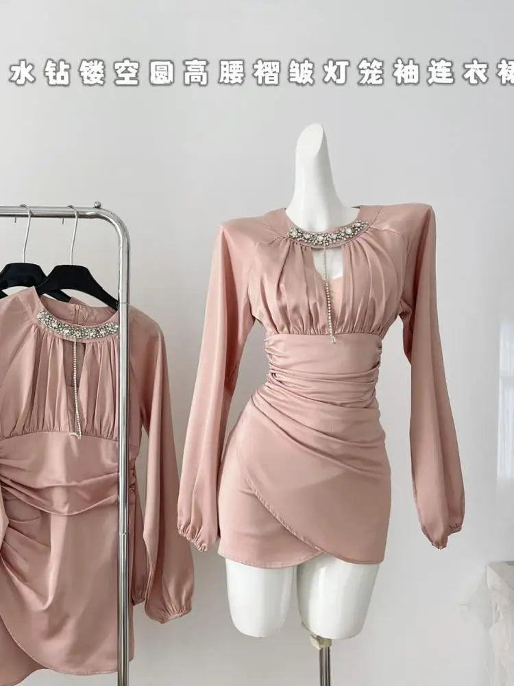 Autumn Women Pink Diamond Round Neck Hollow Out Party Mini Dress French New High Waist Sexy Elegant Wrap Hip Pleated Short Dress