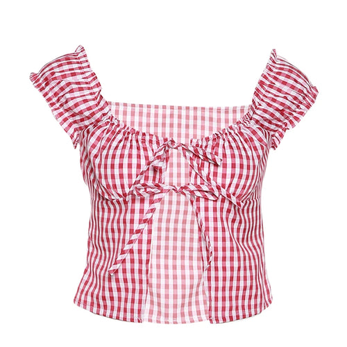 Load image into Gallery viewer, Fairy Grunge Plaid Crop Top Summer Women Short Sleeve Tie Up Bandage Vest Kawaii Off Shoulder T Shirt Female Clothes
