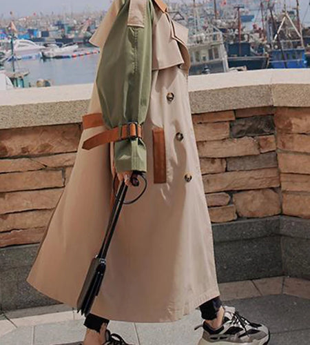 Women Khaki Color-block Belted Big Size Trench New Lapel Long Sleeve Windbreaker Fashion Tide Spring Autumn 2025 2DA1718