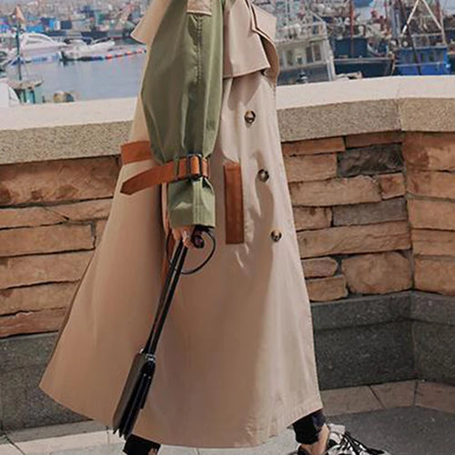 Load image into Gallery viewer, Women Khaki Color-block Belted Big Size Trench New Lapel Long Sleeve Windbreaker Fashion Tide Spring Autumn 2025 2DA1718
