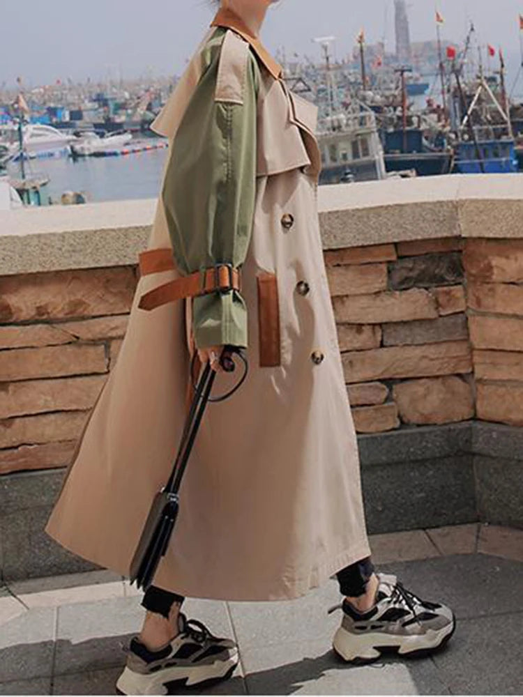Women Khaki Color-block Belted Big Size Trench New Lapel Long Sleeve Windbreaker Fashion Tide Spring Autumn 2025 2DA1718