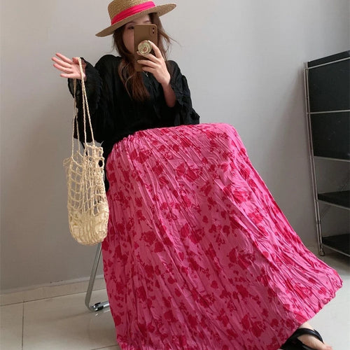 Load image into Gallery viewer, Spring Summer French Fashion Retro Rose Red Floral Elegant Slim Long Skirt Women Black High Waisted Vacation Half Skirt Bohemian
