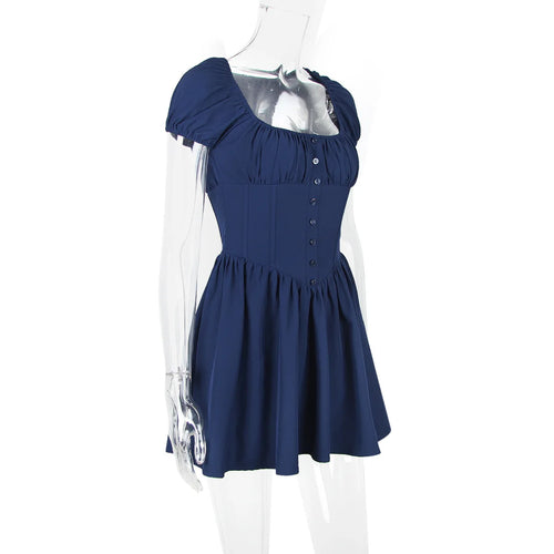 Load image into Gallery viewer, Square Collar Pleated Mini Dress For Women Navy Blue Fashion Short Sleeve Backless A-line Club Party Sexy Dress Elegant
