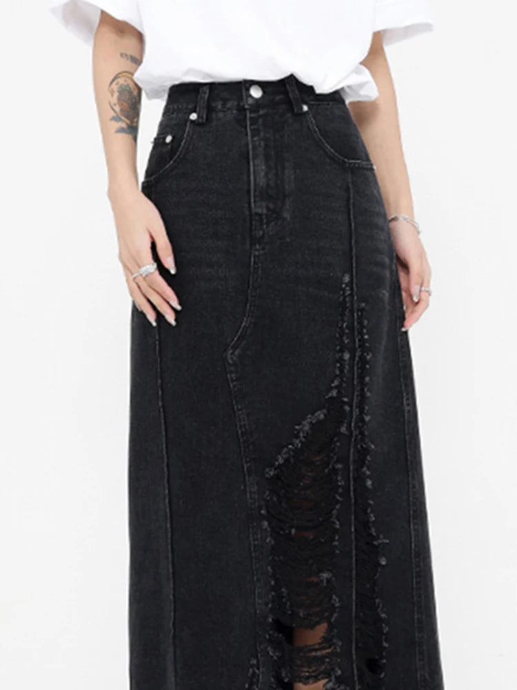 Patchwork Raw Hem Casual A Line Denim Skirs For Women High Waist Spliced Button Streetwear Skirt Female Fashion