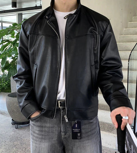 Men's Jacket New American Style Motorcycle PU Leather Trendy Stand Collar Solid Color Stylish Male Casual Clothing 9W1820