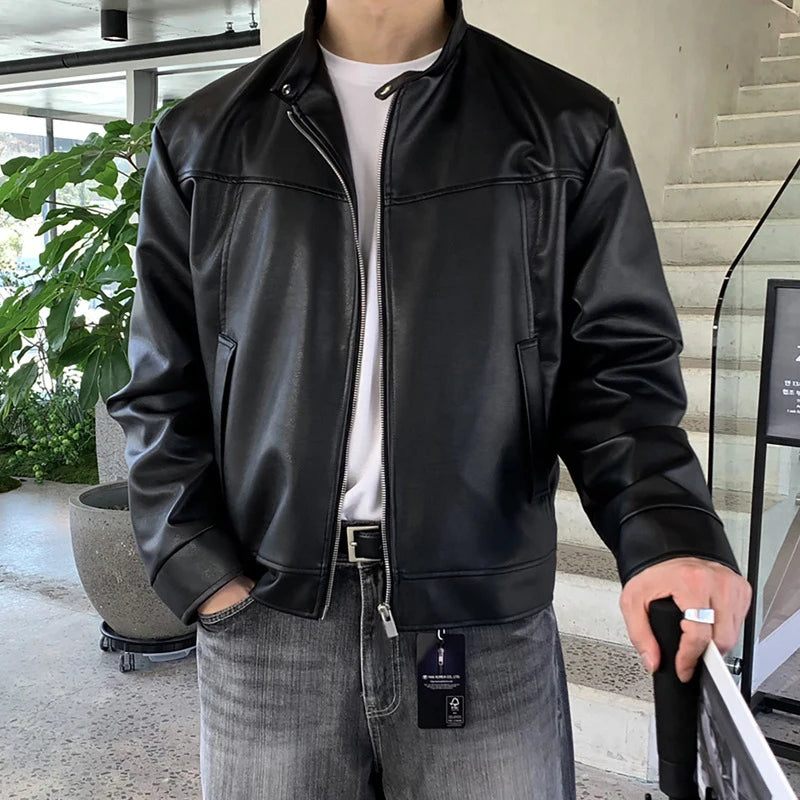 Men's Jacket New American Style Motorcycle PU Leather Trendy Stand Collar Solid Color Stylish Male Casual Clothing 9W1820